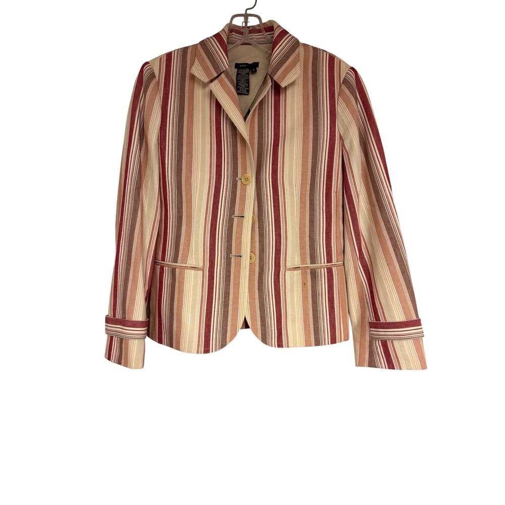 BCBGMAXAZRIA Womens Red Tan Striped Cotton Blazer Jacket Size 2 Notch Lapel